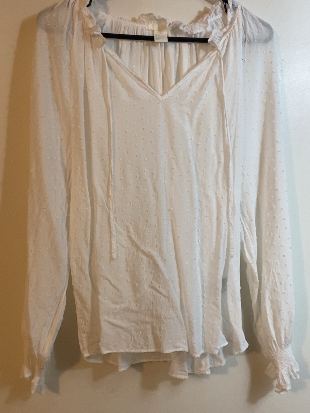 H&M Lightweight White V-Neck Dot Texture Blouse